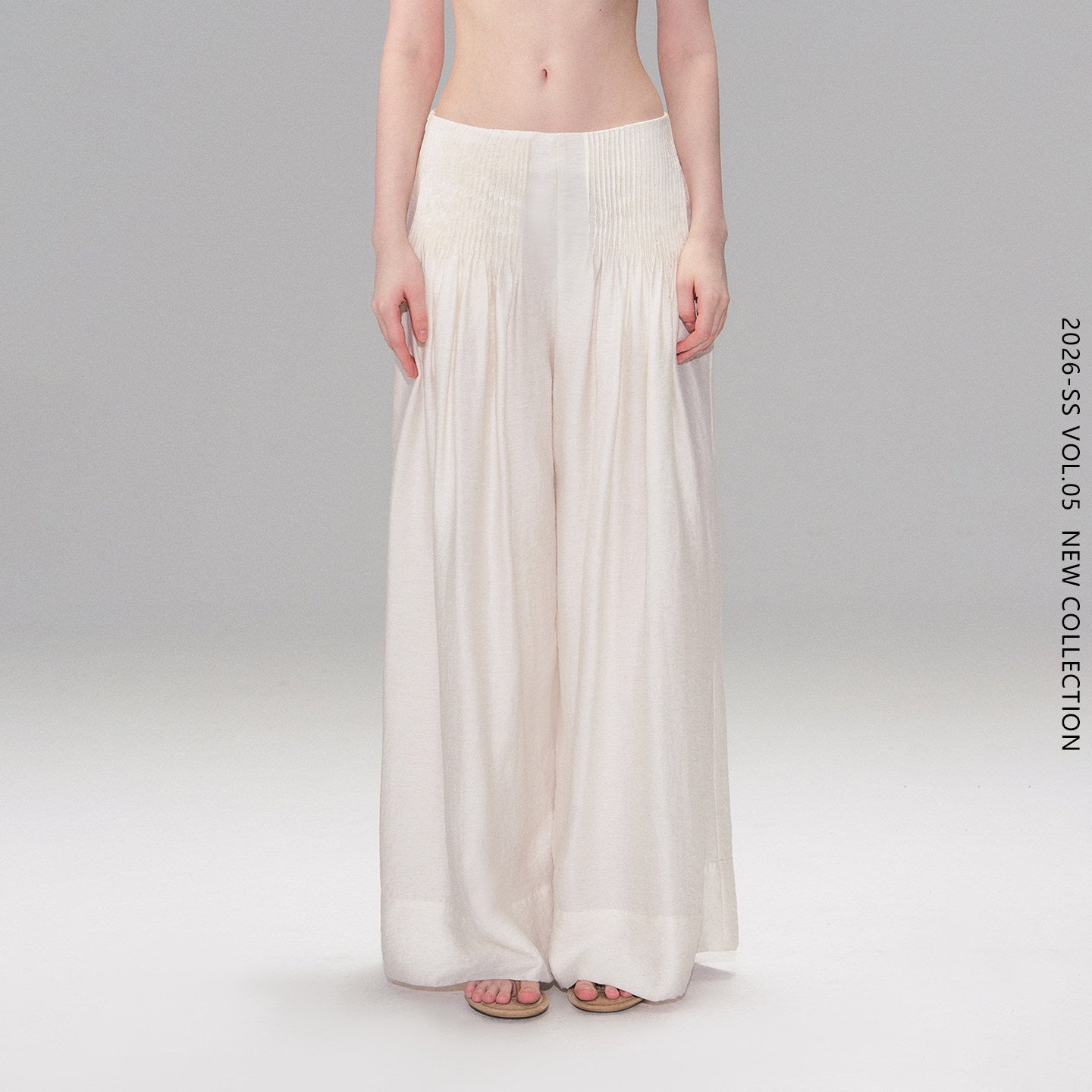 The NeverMore Lightweight Linen Blend Pleated Mid Waist Casual Women Off White Wide Leg Pants