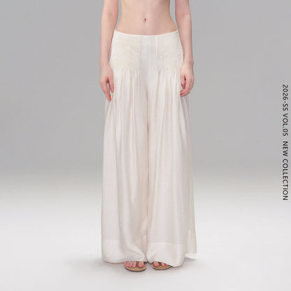 The NeverMore Lightweight Linen Blend Pleated Mid Waist Casual Women Off White Wide Leg Pants