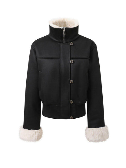 7Shiftin Original Slim Women Stand Collar Button Pocket Warm Black Fur Cropped Jackets