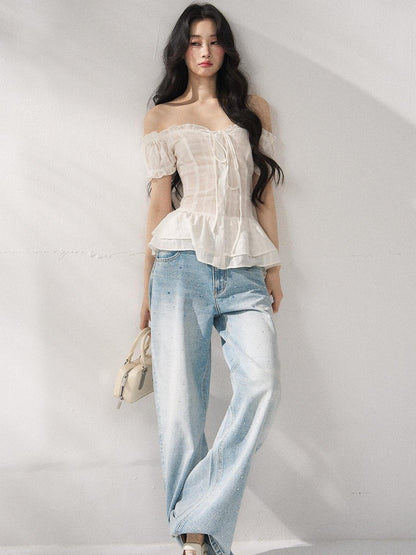 7Shiftin Cooling Breathable Light Waist Slim Women Cotton Tee Off Shoulder Crop Tops