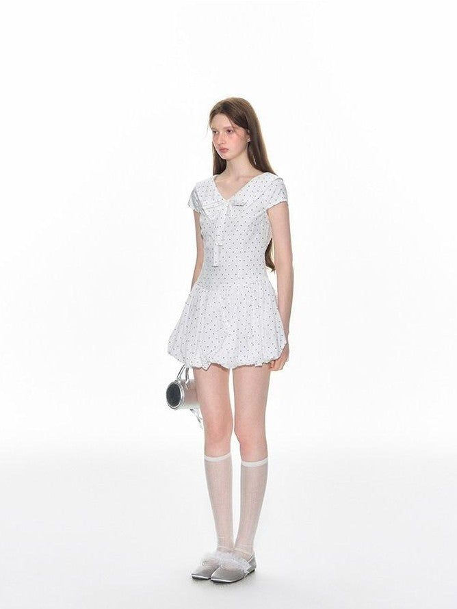 NAPSNAPS Polka Dot Sailor Collar Tie V-neck High Waist Tencel Women&