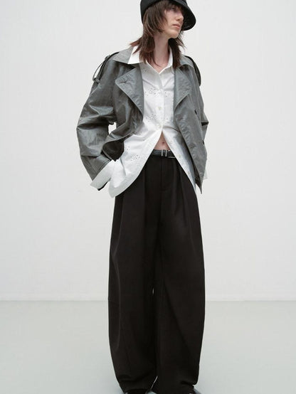 RUN TO THE FUTURE Pleated Minimalist Mid Rise Micro Stretch Casual Loose Fit Black Wide-Leg Pants