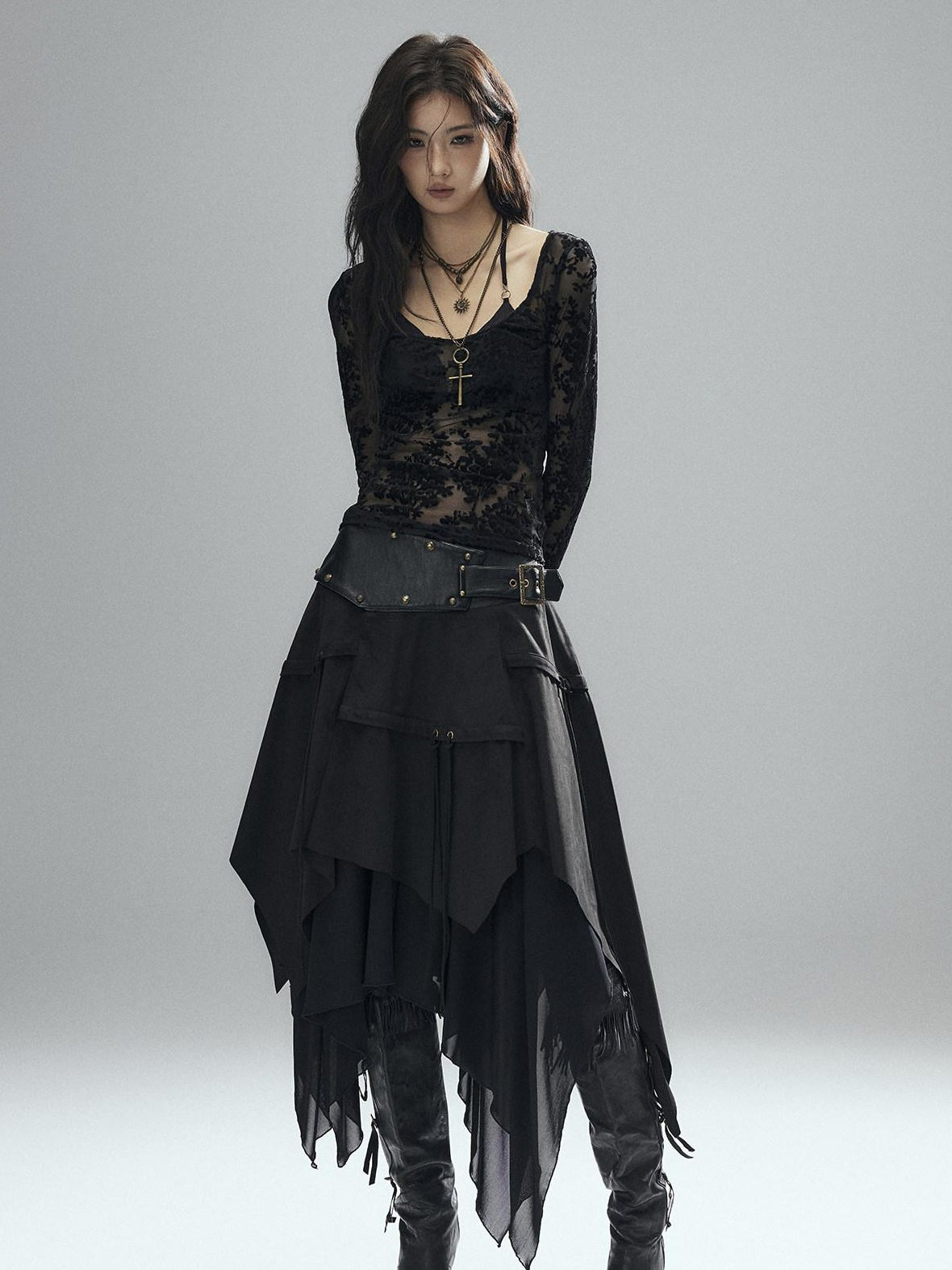 Low pixel Sexy Low Waist Asymmetrical A Line Zipper Black Woven Polyester Midi Skirts