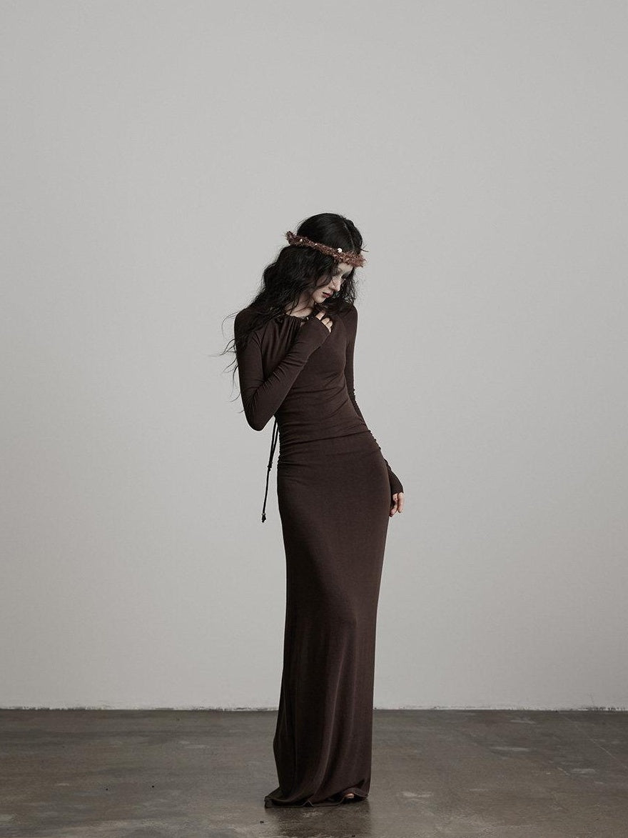 INDULGE Soft Modal Wool Cutout Slim Fit Long Sleeve Casual Brown Bodycon Maxi Dresses