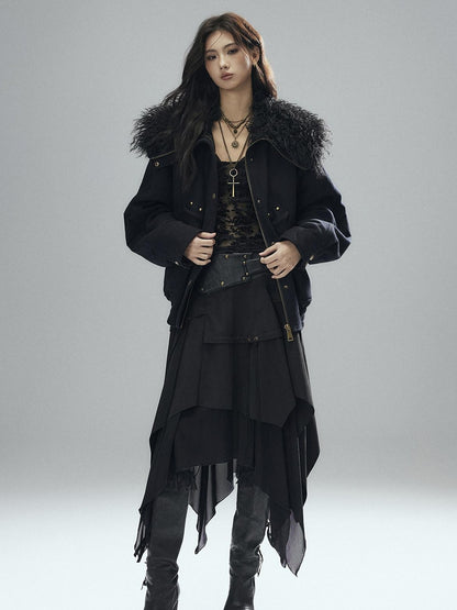 Low pixel Sexy Low Waist Asymmetrical A Line Zipper Black Woven Polyester Midi Skirts