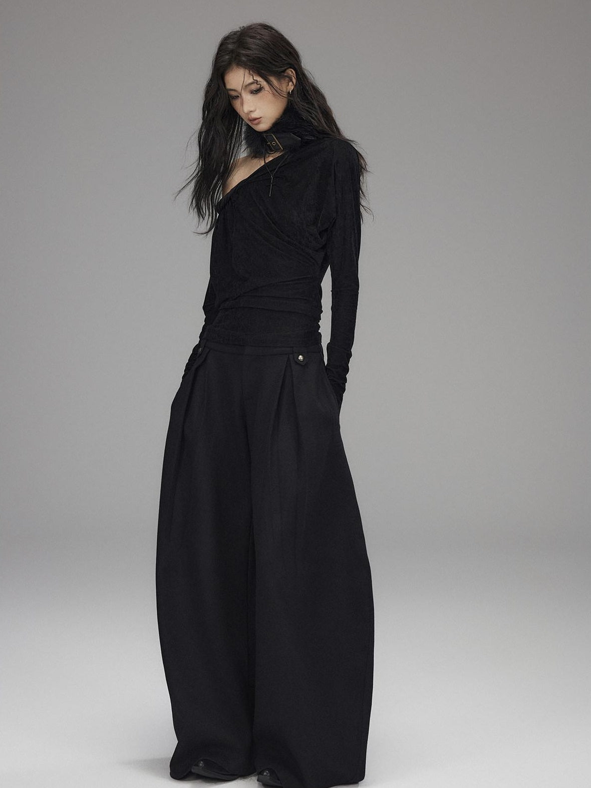 Low pixel Black Wool Blend Low Rise Zipper Casual Straight Hem Women Wide Leg Pants