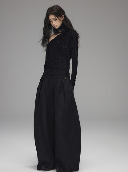 Low pixel Black Wool Blend Low Rise Zipper Casual Straight Hem Women Wide Leg Pants