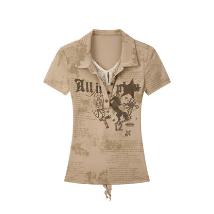 ALL iN plan Soft Stretch Cotton Blend Letter Print Cinched Waist A Line Sleeve Women T Shirt