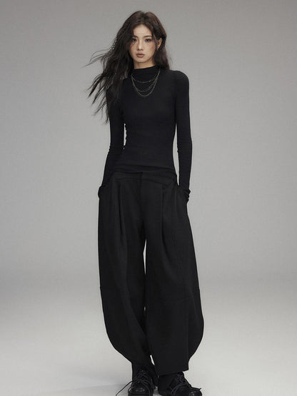 Low pixel Low Rise Wool Blend Micro Stretch Casual Zip Fly Women Black Wide Leg Pants