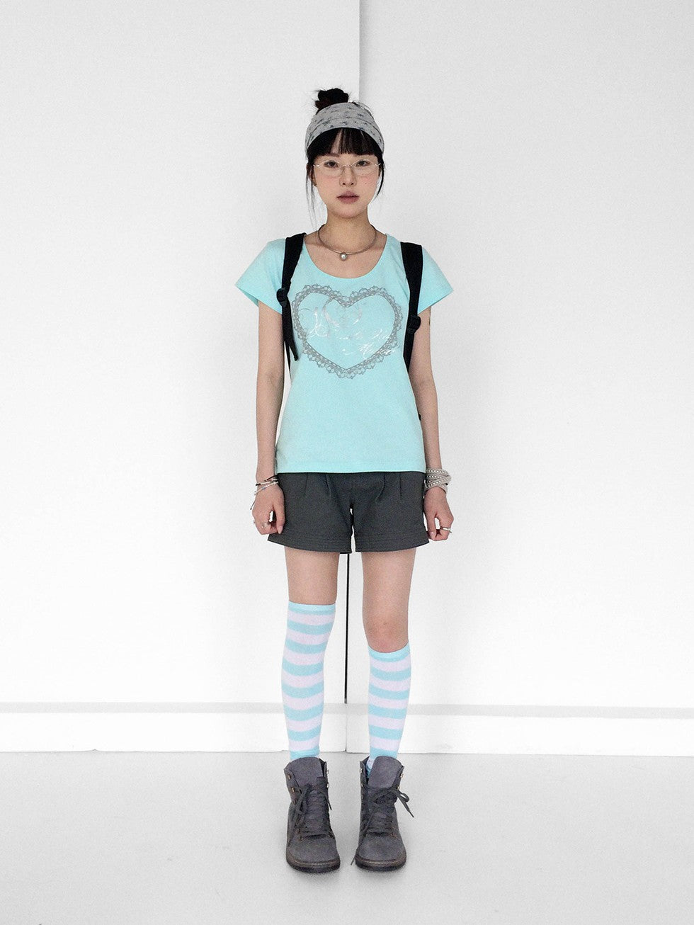 innomoood Lace Print Silver Foil Heart Lettering Women&