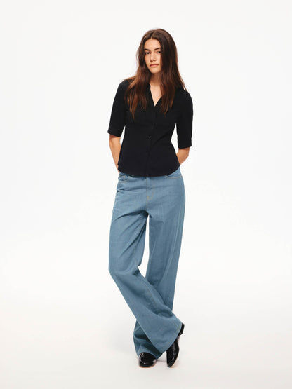 Northbutsouth Snowflake Texture Lightweight Slim Fit V-neck Mid Sleeve Women&
