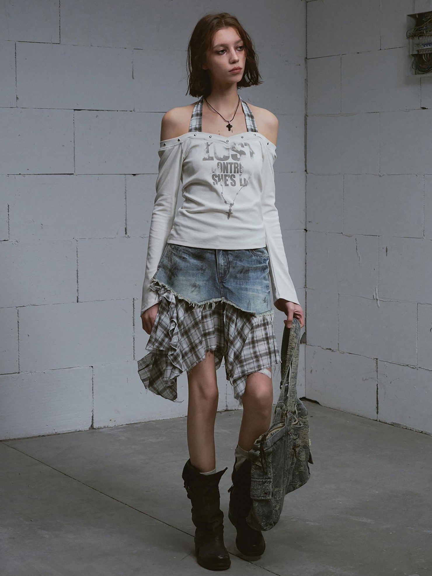 Cest Nous Washed Deconstructed Plaid Patchwork Asymmetric Women&