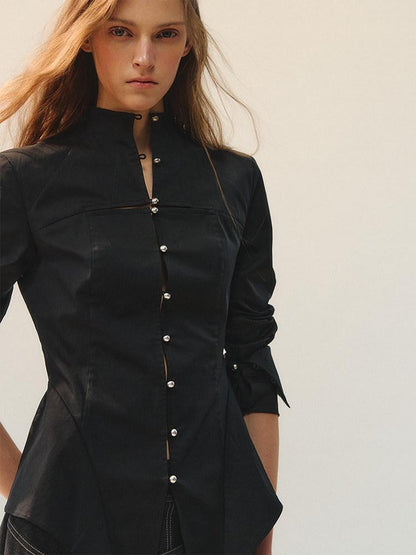 AnnoMundi Waist Cinch Fitted Casual Long Sleeve Stand Collar Cotton Blend Women Blouses