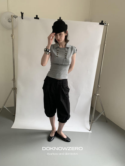 DKZ OFFICIAL Grey Double Breasted Cropped Collared Women&