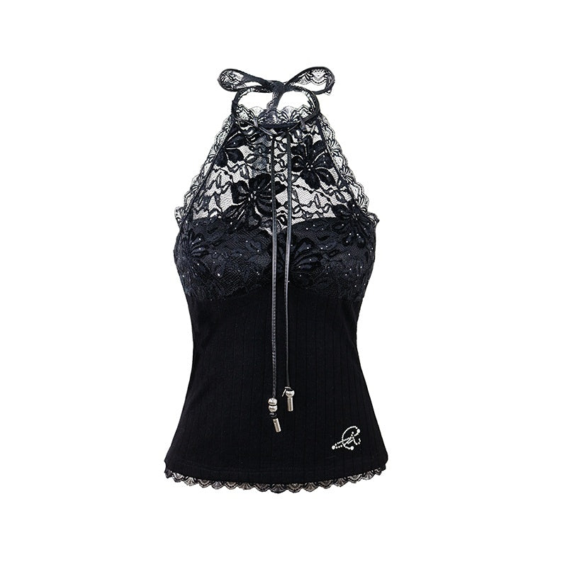 OPEN_AESTHETIC_Black_Floral_Halter_Strappy_Slim_Cropped_Women&