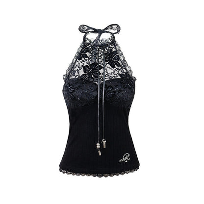 OPEN_AESTHETIC_Black_Floral_Halter_Strappy_Slim_Cropped_Women&