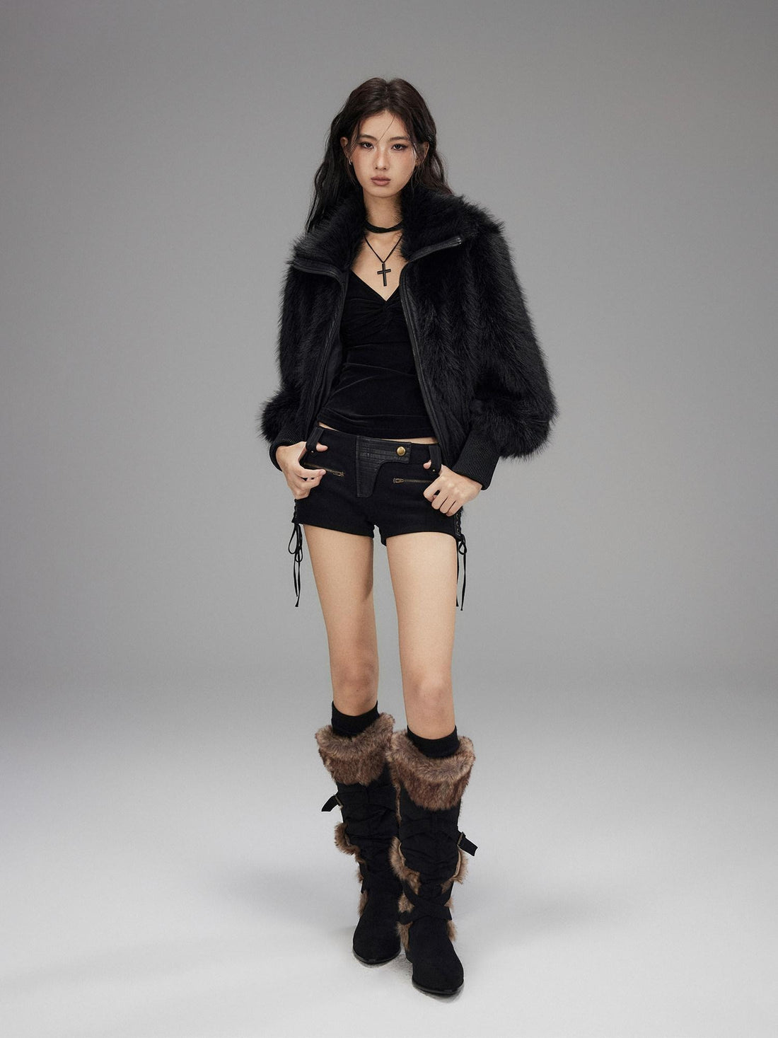 Low pixel Warm Thick Black Sexy Slim Fit Spandex Zipper Lapel Women Cropped Jackets