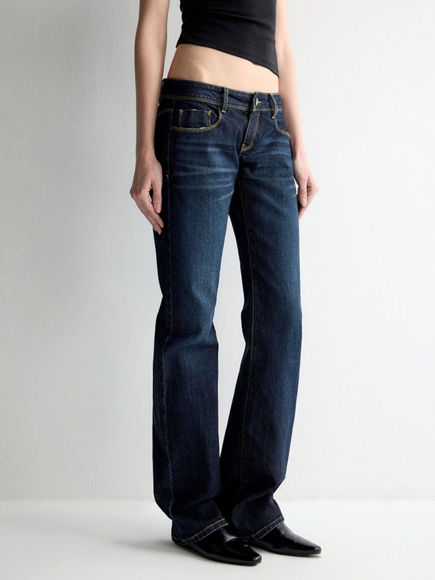 RUN TO THE FUTURE Durable Low Rise Slim Fit Casual Dark Denim Zipper Fly No Stretch Straight Jeans