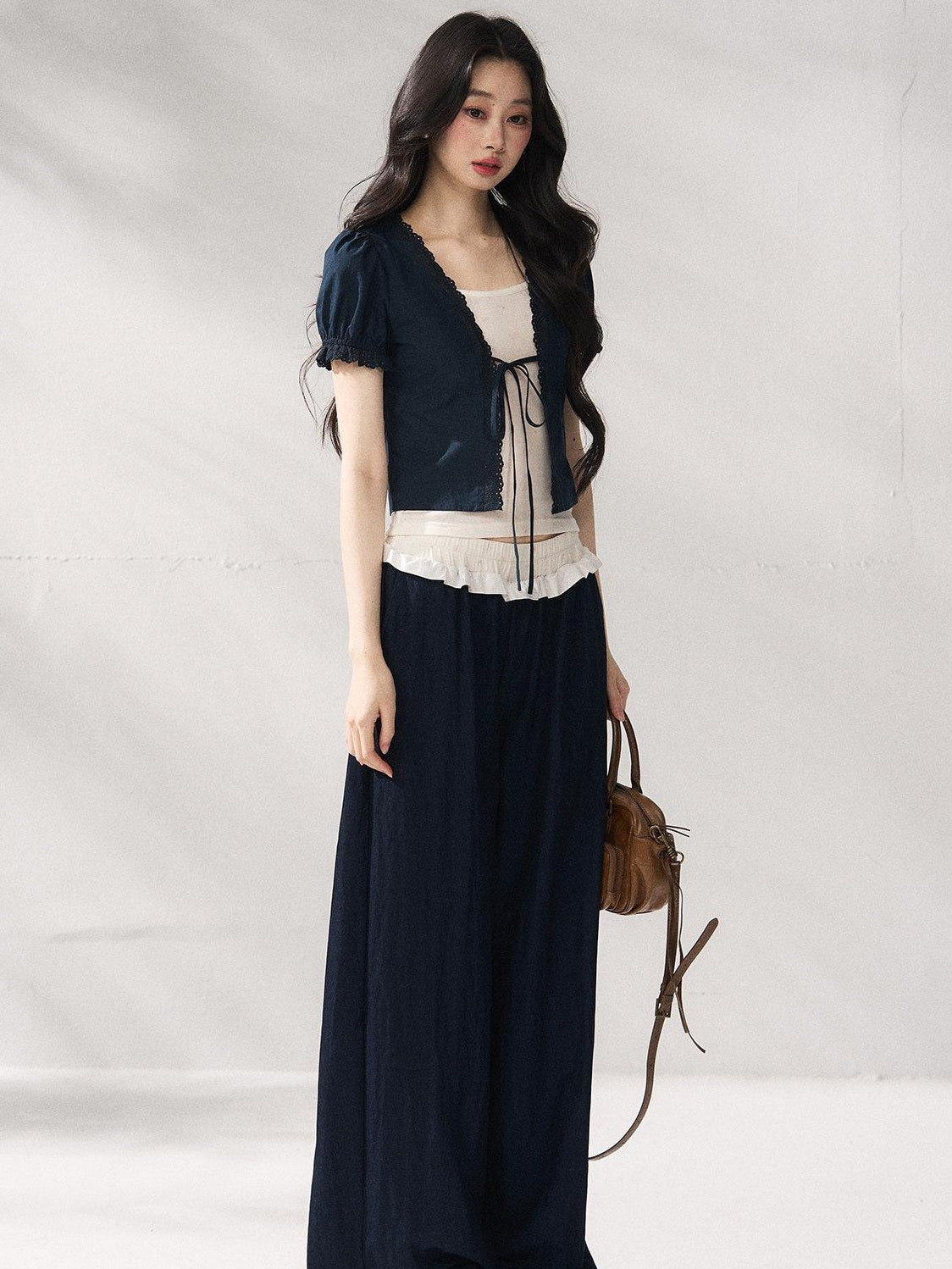 7Shiftin Nylon Cotton Blend Relaxed Natural Waist Women Solid Navy Wide Leg Pants