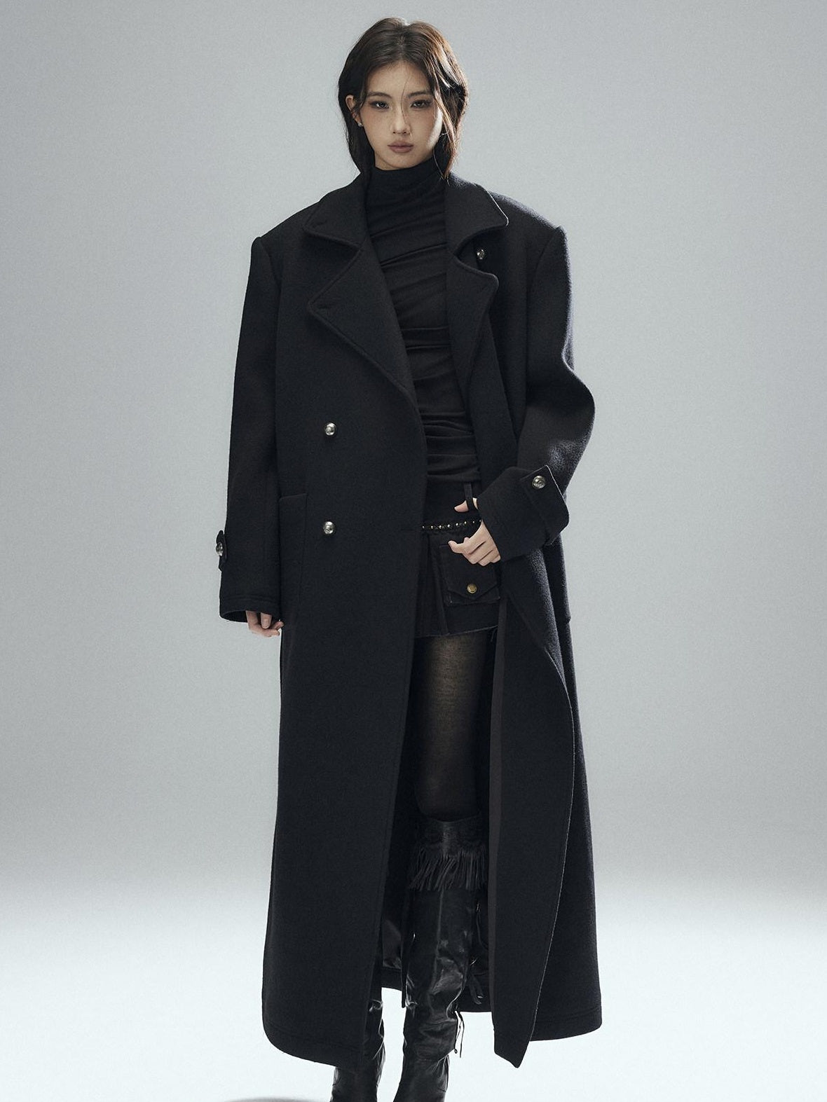 Low pixel Warm Wool Blend Street Oversized Double Breasted Notch Collar Black Wool Coats