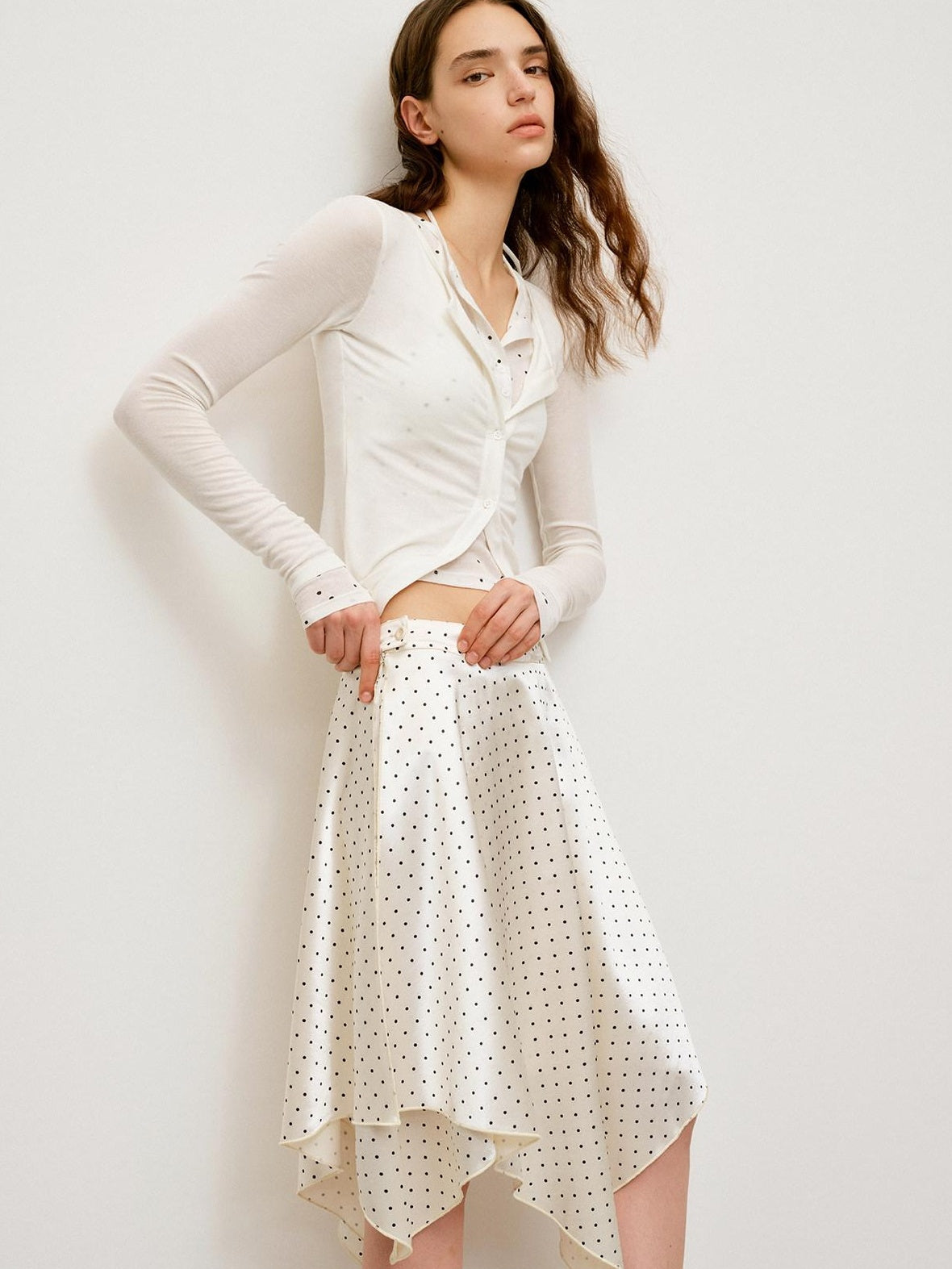 RUN TO THE FUTURE Polka Dot Knit Faux Layered Slim Fit Collared Women Casual Long Sleeve T-Shirts