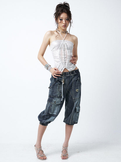 OPEN AESTHETIC Waterwashed Distressed Rhinestone Women&