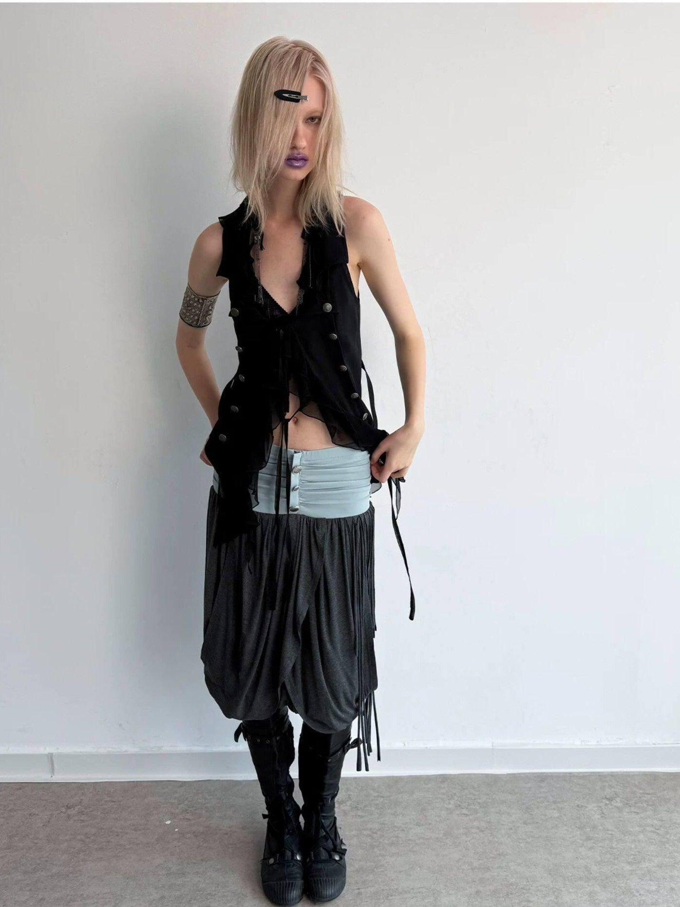 DoublePunch Ruffled Patchwork Slim Fit Vintage Blazer Sleeveless Women&