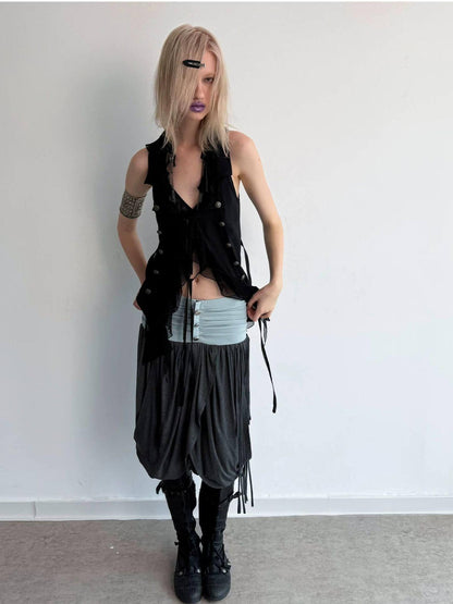 DoublePunch Ruffled Patchwork Slim Fit Vintage Blazer Sleeveless Women&