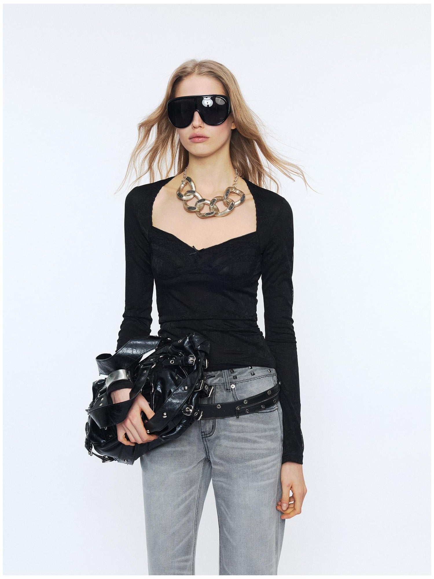 2th Desire Sexy Nylon Slim Vneck Cropped Butterfly Bow Black Long Sleeve T-Shirts
