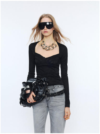 2th Desire Sexy Nylon Slim Vneck Cropped Butterfly Bow Black Long Sleeve T-Shirts