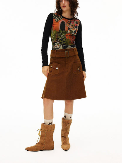 OuttheBlue Handsewn Embroidery Minimalist A Line Mid Waist Caramel Polyester Midi Skirts