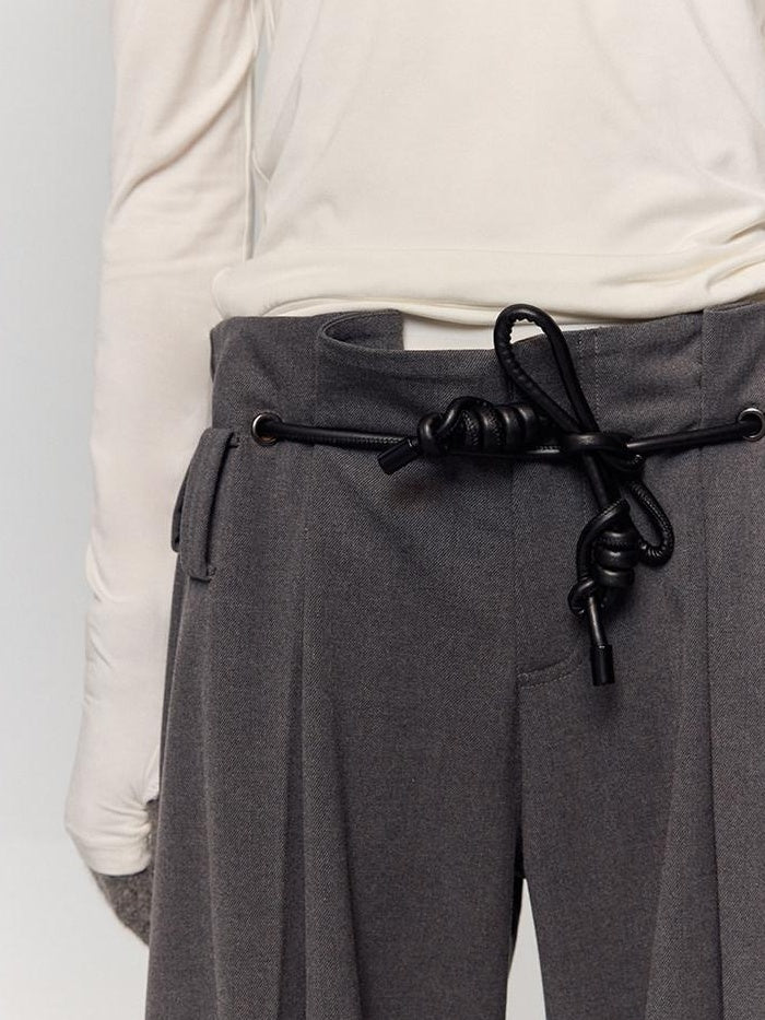 RUN TO THE FUTURE Minimalist Original Tie Detail Low Rise Zipper Women Rock Gray Wide-Leg Pants