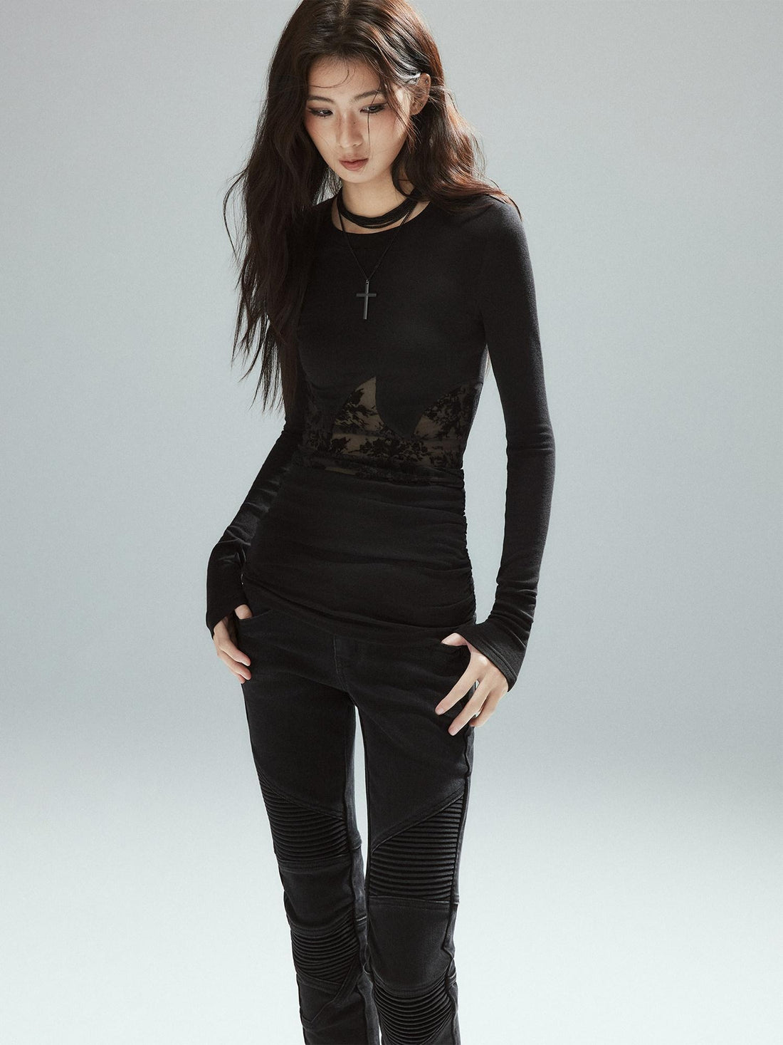 Low pixel Asymmetrical Patchwork Slim Streetwear Black Lyocell Long Sleeve T-Shirts