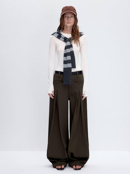 RUN TO THE FUTURE Pleated Low Waist Minimalist Loose Fit Women Vintage Green Wide-Leg Pants