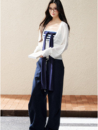 7Shiftin Versatile Minimal Straight Cut Natural Elastic Waist Women Navy Wide Leg Pants