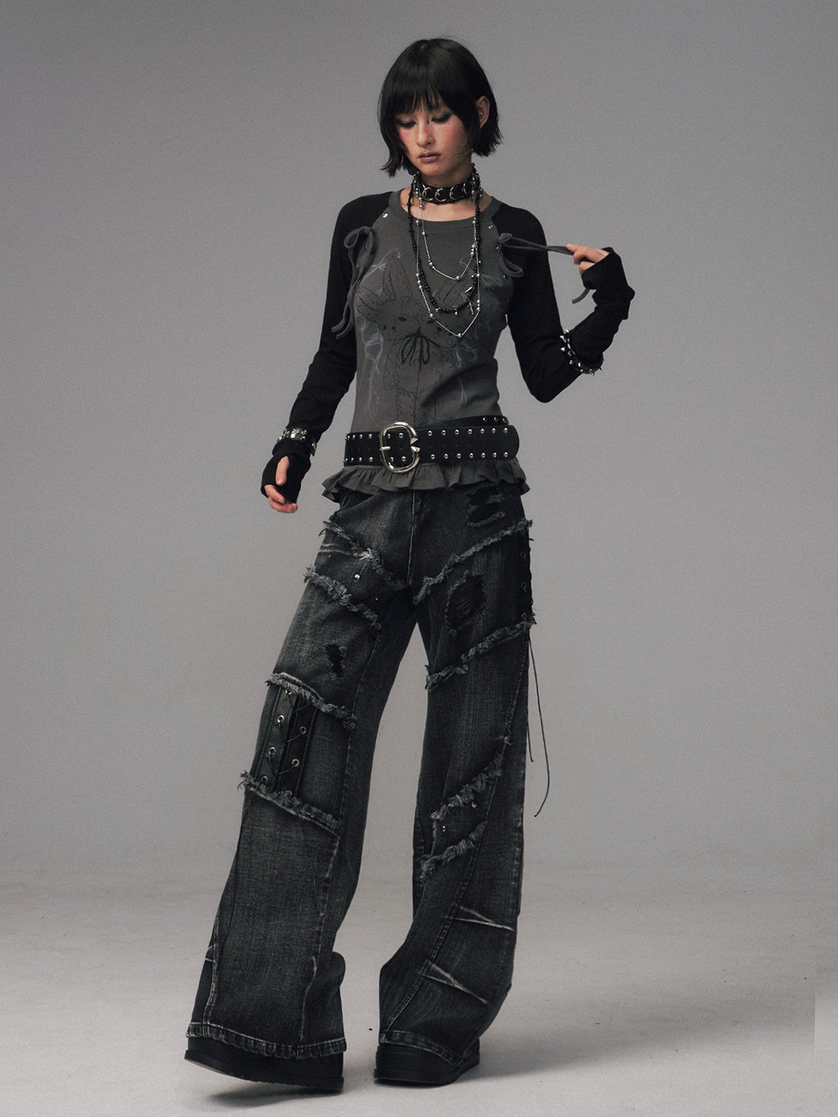 Frustration Garden Black Grey Street Punk Lace Up Frayed Rivet Women&