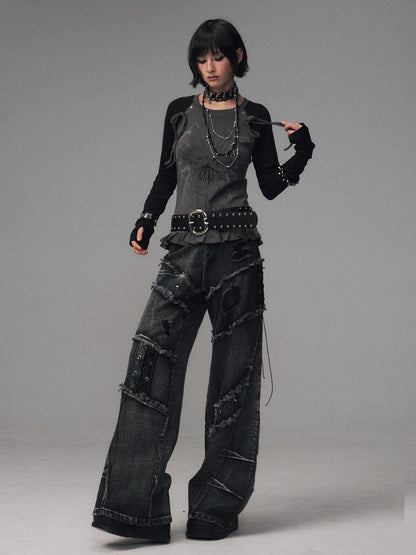 Frustration Garden Black Grey Street Punk Lace Up Frayed Rivet Women&