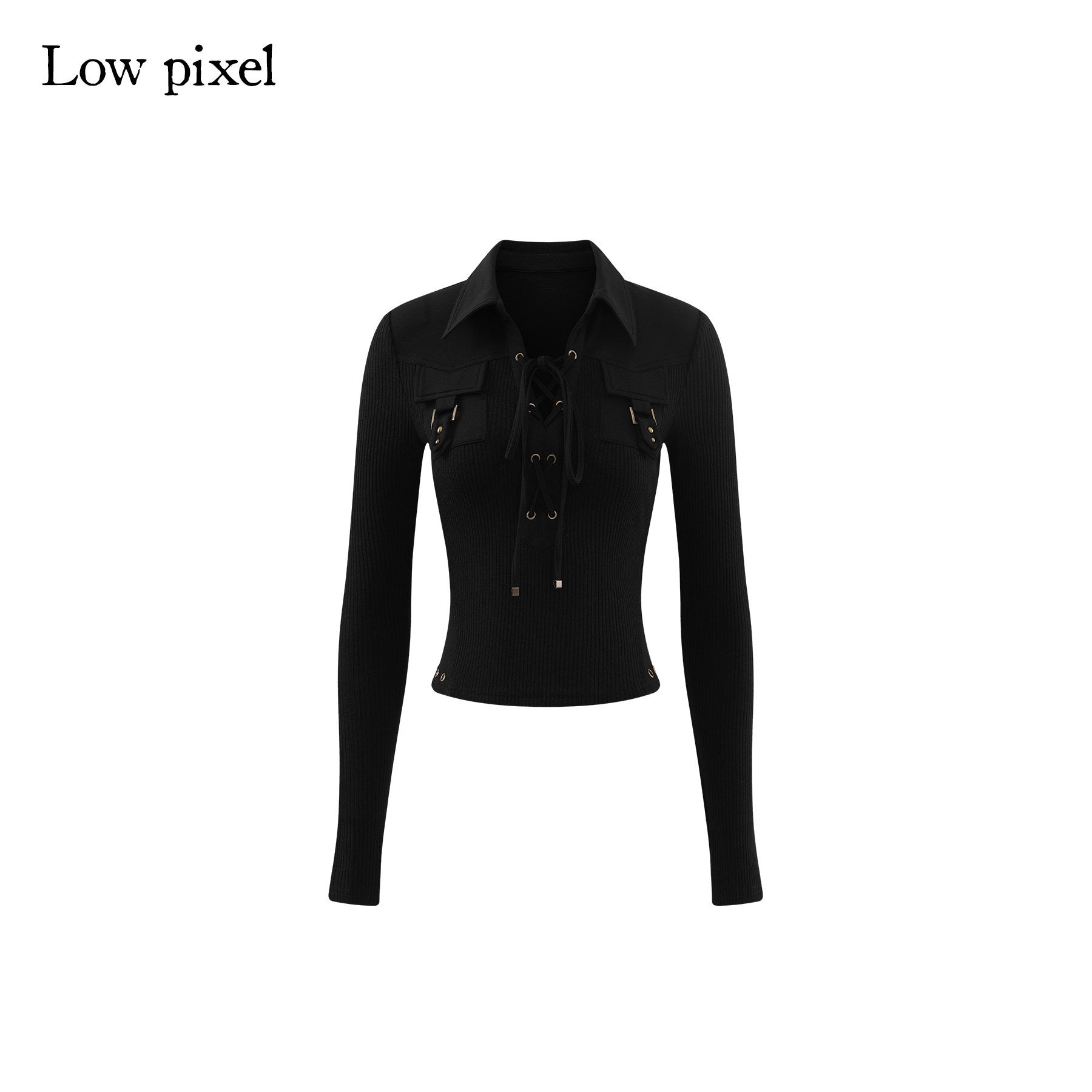 Low pixel Breathable Drawstring Waist Slim Street Style Women Black Long Sleeve T-Shirts