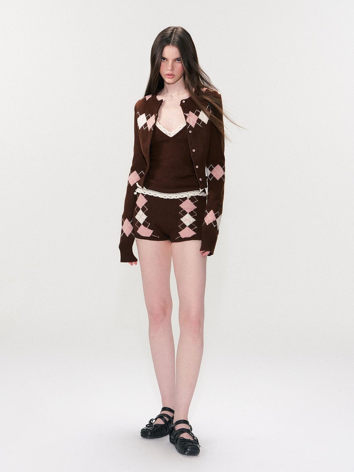 The NeverMore Cashmere Blend Sexy Argyle Button Cardigan Shorts Women Top &amp; Shorts Sets