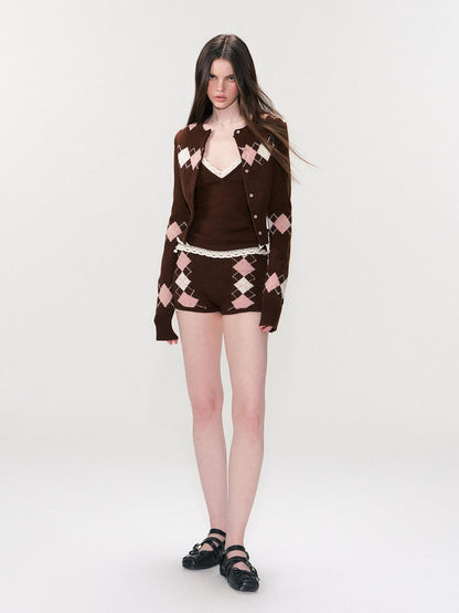 The NeverMore Cashmere Blend Sexy Argyle Button Cardigan Shorts Women Top &amp; Shorts Sets