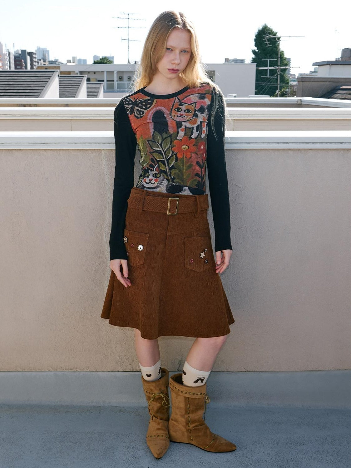 OuttheBlue Handsewn Embroidery Minimalist A Line Mid Waist Caramel Polyester Midi Skirts