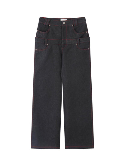 RUN TO THE FUTURE Low Rise Colorblock Loose Fit Zip Fly Black Denim Stretch Wide-Leg Jeans
