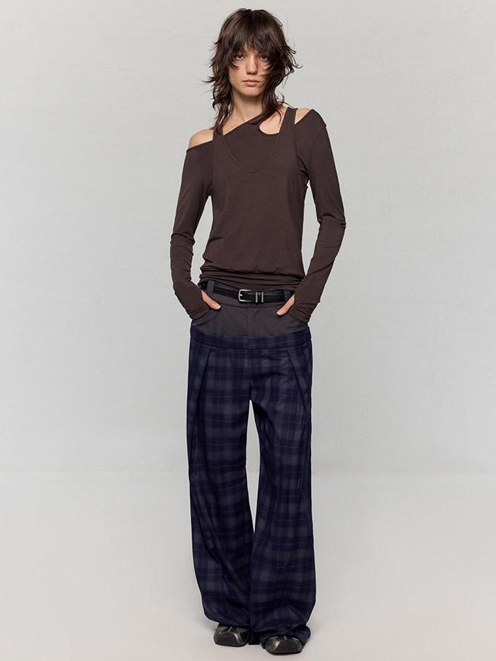 RUN TO THE FUTURE Original Double Waist Pockets Low Rise Wide Leg Women Blue Grey Plaid Chinos