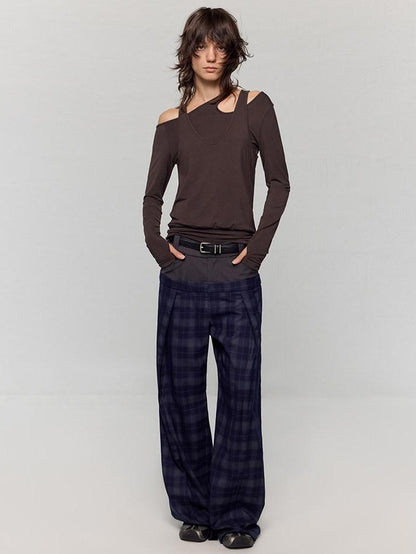 RUN TO THE FUTURE Original Double Waist Pockets Low Rise Wide Leg Women Blue Grey Plaid Chinos