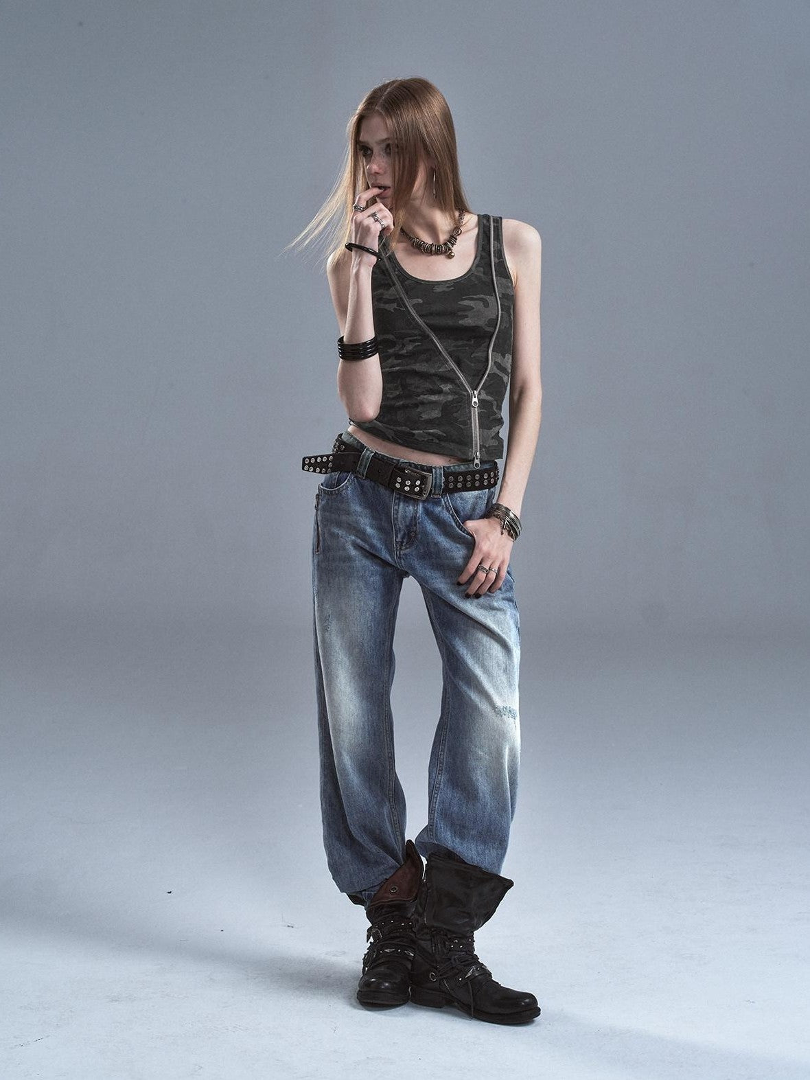 wear And tear Printed Camo Black Diagonal Zip Two Way Cinched Waist Women&