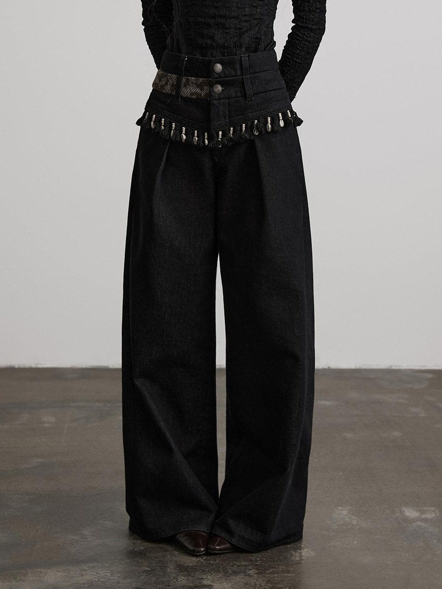 INDULGE Durable Washed Natural Waist Pockets Women Black Cotton Wide-Leg Jeans