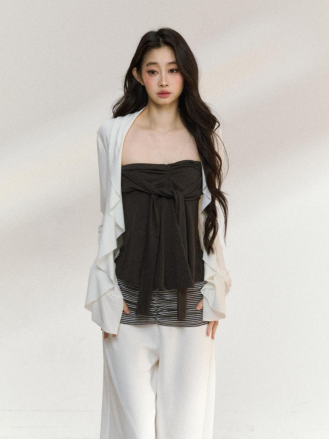 7Shiftin Two Piece V-neck Long Sleeve Casual Layered Set Women White Gray Blouses