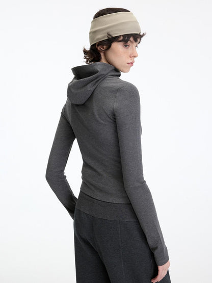 RUN TO THE FUTURE Slim Fit Hooded Zip Casual Women Cotton Blend Black Long Sleeve T-Shirts