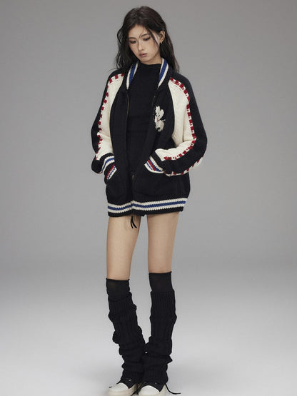 Low pixel Wool Blend Hooded Zip Colorblock Loose Casual Women Animal Print Cropped Jackets
