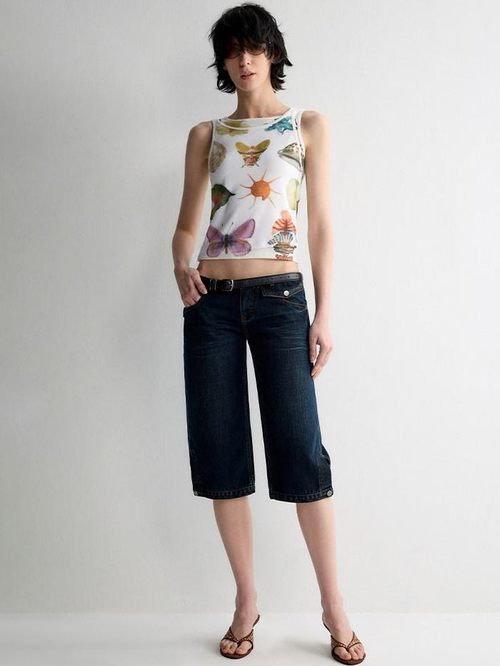 RUN TO THE FUTURE Original Print Asymmetrical Slim Fit Tencel Cropped Animal Women White Tank Tops